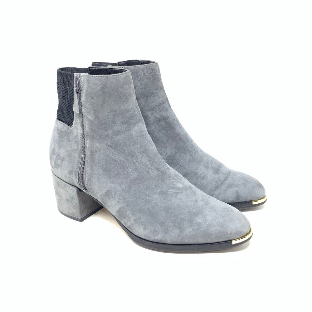 Cole Haan Grand Ambition Holland Magnet Grey Suede Booties Block Heel Gold 8.5
